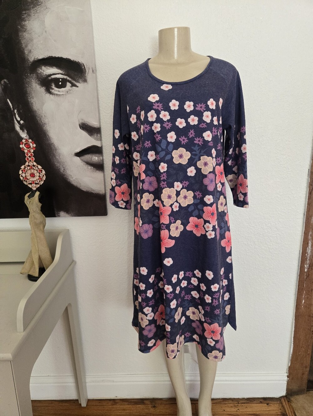 NWT Sunshine Swing Women's Navy Floral Swing Dress - Purple with Pink Blossoms S